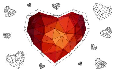 Koyu kırmızı, beyaz arka plan üzerinde üçgen oluşan desen ile izole sarı kalp.