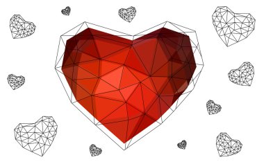 Beyaz arka plan üzerinde üçgen oluşan desen ile izole koyu kırmızı kalp.