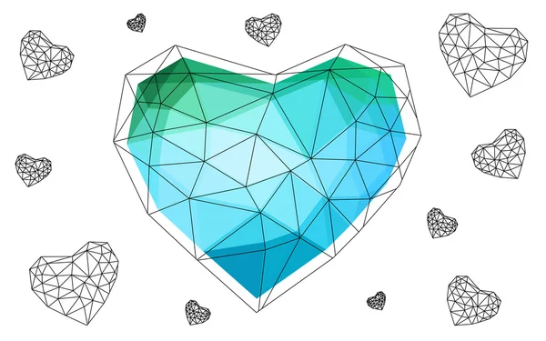 Coeur bleu vert isolé sur fond blanc avec motif composé de triangles . — Image vectorielle