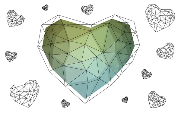 Coeur bleu vert isolé sur fond blanc avec motif composé de triangles . — Image vectorielle