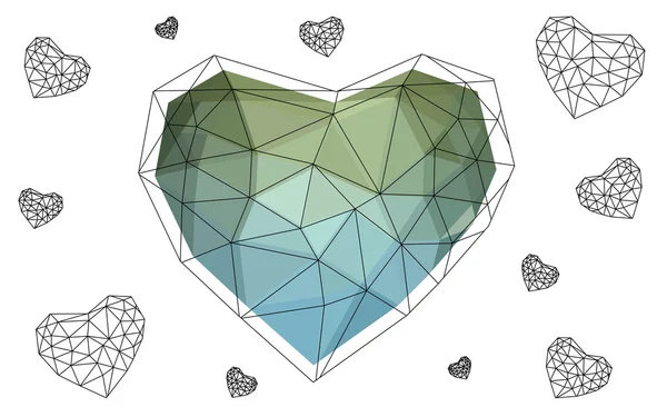 Niebieskie, zielone serce na białym tle na białym tle wzorkiem, składające się z trójkątów. — Wektor stockowy