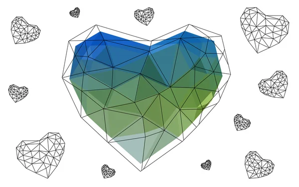 Coeur bleu vert isolé sur fond blanc avec motif composé de triangles . — Image vectorielle