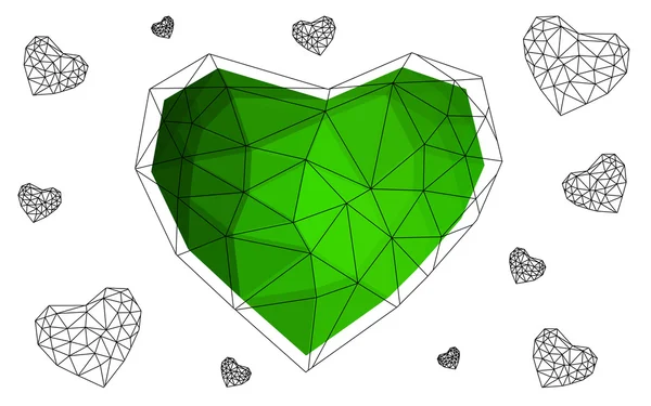 Yeşil kalp beyaz arka plan üzerinde üçgen oluşan desen ile izole. — Stok Vektör