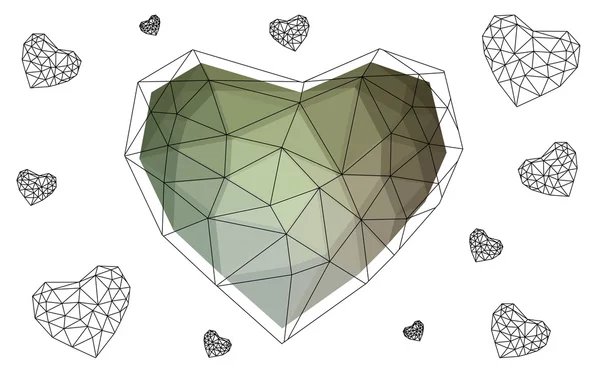 Coeur vert isolé sur fond blanc avec motif composé de triangles . — Image vectorielle