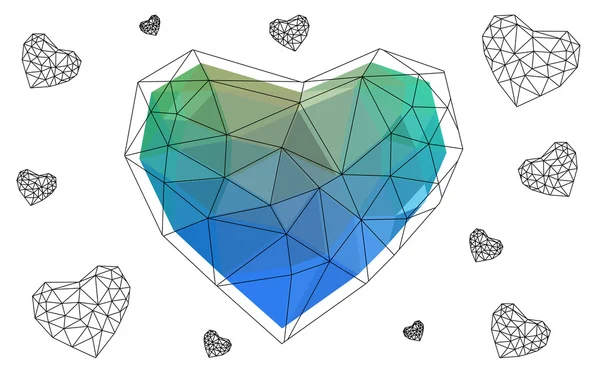 Coeur bleu vert isolé sur fond blanc avec motif composé de triangles . — Image vectorielle