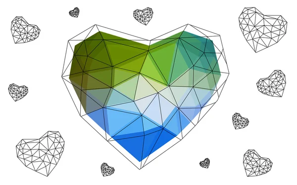 Coeur bleu vert isolé sur fond blanc avec motif composé de triangles . — Image vectorielle