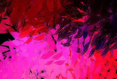 Koyu mor, pembe vektör karalama dokusu ve yapraklar. Soyut şablondaki karalamalarla dekoratif illüstrasyon. Çocuk kitapları için renkli desen.