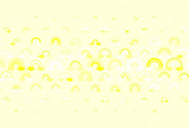 Açık yeşil, gökkuşaklı sarı vektör dokusu, bulutlar. Renkli gökkuşağının rengarenk sembolleri. Eğlence tasarımları için çizim.