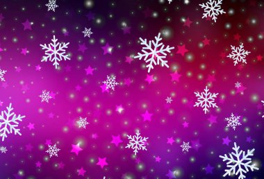 Parlak kar taneleri ve yıldızlı koyu pembe vektör düzeni. Gradyan kar formlarıyla parlayan renkli çizimler. Yeni yıl reklamı için tasarım, kitapçıklar.