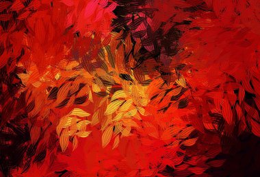 Koyu kırmızı, sarı vektör soyut arka plan ve yapraklar. Soyut şablondaki karalamalarla dekoratif illüstrasyon. İş tasarımınız için yepyeni bir tarz.
