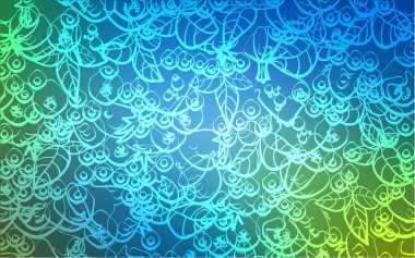 Açık mavi, yeşil vektör kaplamalı mutfak gurmesi. Soyut şablondaki yiyeceklerle dekoratif parlak bir illüstrasyon. Reklam, poster, kafeler veya restoranlar için tasarım.