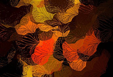 Koyu kırmızı, sarı vektör çizim şablonu ve yapraklar. Bulanık arka planda yaprakları olan eskiz karalamalar. Çocuk kitapları için renkli desen.