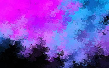 Koyu pembe, mavi vektör, ağaçlar ve dallarla doğal sanat eserleri. Çiçeklerle karalama tarzında renkli çizimler. Tasarımınız için yeni şablon.