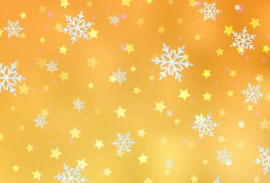Buz kar taneleri ve yıldızlı açık sarı vektör şablonu. Değişken kar taneleri olan renkli kar taneleri. Yeni yıl posterleri, afişler için tasarım.