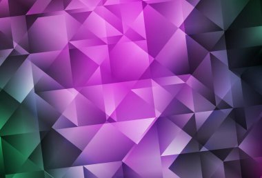 Açık pembe, yeşil vektör eğimli üçgen şablonu. Üçgenlerden oluşan parlayan çokgen çizimler. Bir markanın arkaplanı için desen.