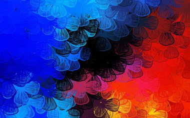 Koyu mavi, kırmızı vektör soyut arkaplan, ağaçlar, dallar. Parlak renkli resimli çiçekler. Tasarımınız için yeni şablon.