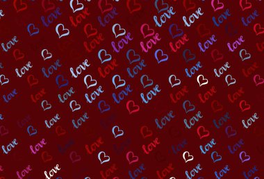 Açık mavi, tatlı kalpli kırmızı vektör arkaplanı. Soyut şablondaki kalplerle parlayan illüstrasyon. Sevgililer günü ilanı ve kitapçıkları için bir model..