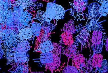 Koyu pembe, mavi vektör doğal arka plan, ağaçlar, dallar. Karalama tarzında renkli soyut çizimler. İşiniz için yeni tasarım.