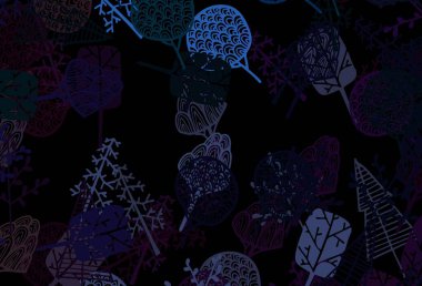 Koyu mavi, sarı vektör doğal arka plan, ağaçlar, dallar. Doğal tarzda ağaçların olduğu zarif, parlak bir tasvir. Çocuk kitapları için renkli desen.