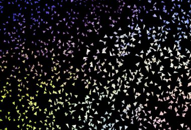 Karanlık çokrenkli vektör arkaplanı, çizgiler, üçgenler. Üçgen şekilli ışıltılı soyut çizimler. Broşürler, broşürler için desen