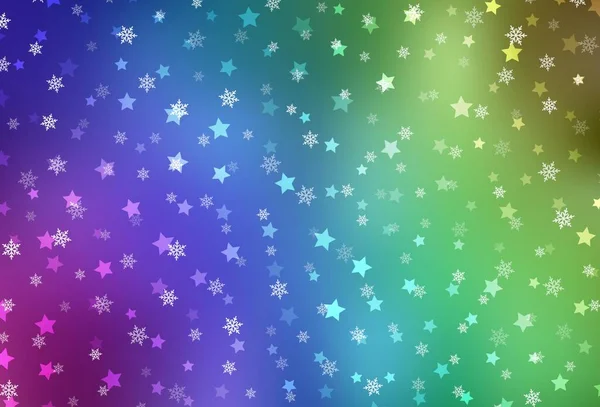 Luz Multicolor Fundo Vetorial Com Belos Flocos Neve Estrelas Gradiente — Vetor de Stock