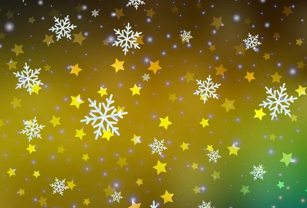 Σκούρο Πράσινο Κίτρινο Διάνυσμα Μοτίβο Νιφάδες Χιονιού Χριστουγέννων Αστέρια Λαμπερό — Διανυσματικό Αρχείο