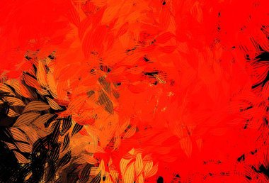 Koyu kırmızı, sarı vektör karalama desenli yapraklar. Yapraklar ve karalamalar ile soyut çizimler. Çocuk kitapları için renkli desen.