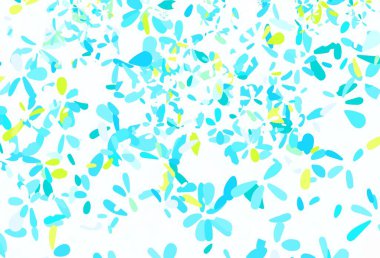 Açık mavi, sarı vektör karalama arkaplanı yapraklarla. Yapraklı modern geometrik soyut çizim. Tasarımınız için yeni şablon.