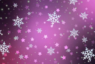 Açık Mor, pembe vektör deseni, renkli kar taneleri, yıldızlar. Gradyan kristal buz formlarıyla soyut çizimler. Yeni yıl arkaplanı için şablon.