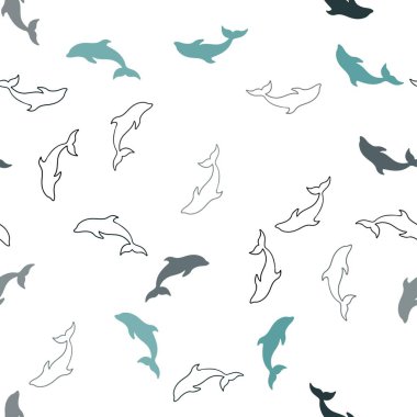 Açık mavi, yunuslarla kusursuz bir geçmişi var. Rengarenk deniz yunuslarının parlak çizimi. Deniz broşürleri için desen.