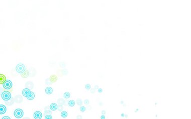 Açık mavi, küreli sarı vektör deseni. Parlak renkli soyut çemberlerin olduğu bir resim. Reklamlar, broşürler için desen.