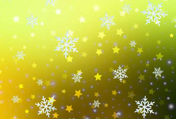 Verde Claro Fondo Vector Amarillo Con Copos Nieve Navidad Estrellas — Archivo Imágenes Vectoriales