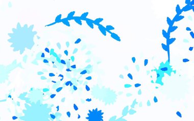 Açık mavi vektör doğal desenli, çiçekli, soyut resimli, karalama tarzında çiçekler. Çocuk kitapları için renkli desen.