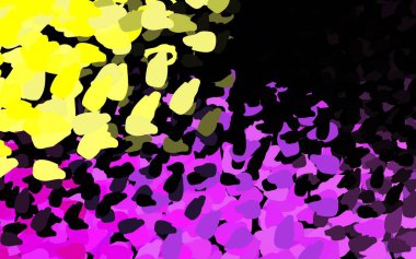 Koyu pembe, Memphis şekilli sarı vektör arkaplan. Renkli rastgele şekillerle modern soyut illüstrasyon. Web siteniz için basit tasarım.