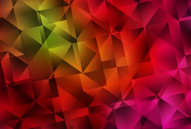 Koyu yeşil, kırmızı vektör çokgen arkaplan. Üçgenlerden oluşan parlayan çokgen çizimler. Broşürünüz için yepyeni bir tasarım..