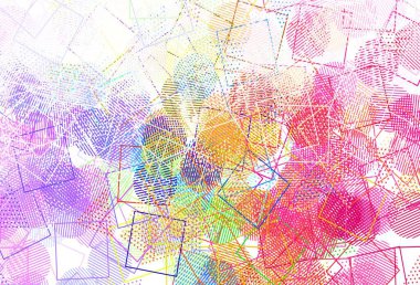 Dairesel çokgen biçimli ışık çok renkli vektör deseni. Çemberler, üçgenler ve küplerle soyut gradyan çizimi. Reklamlar için desen.