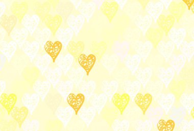 Açık Kırmızı, sarı vektör arkaplan ve tatlı kalpler. Bulanık arkaplanda gradyan kalp şekilleri olan bir resim. Karnaval için şablon, festival için romantik broşürler.