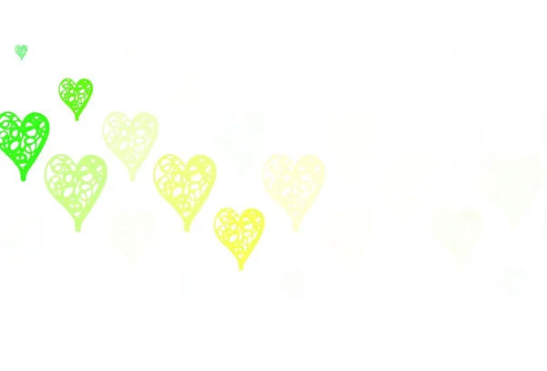 Verde Chiaro Sfondo Vettore Giallo Con Cuori Brillanti Illustrazione Lucente — Vettoriale Stock