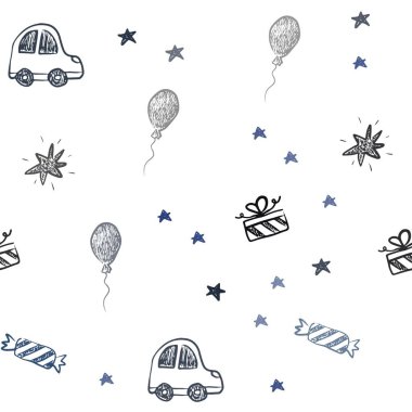 Karnaval tarzında koyu mavi vektörsüz şablon. Oyuncak arabası, balonu, şekeri, yıldızı, topu olan renkli bir resim. Doğum günü hediyeleri için desen.