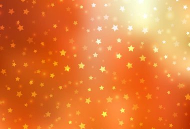 Açık Kırmızı, parlak kar taneleri ve yıldızlı sarı vektör düzeni. Yılbaşı tarzında kar yağan rengarenk bir tasvir. Yeni yıl posterleri, afişler için tasarım.