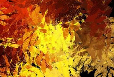 Koyu Turuncu, yapraklı zarif bir şablon. Bulanık arka planda yaprakları olan eskiz karalamalar. Ağ ve ambalaj için elle boyanmış tasarım.