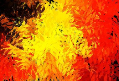 Koyu turuncu, yapraklı zarif bir desen. Yaprakları karalama tarzında renkli ve soyut çizimler. Web siteniz için Doodle tasarımı.