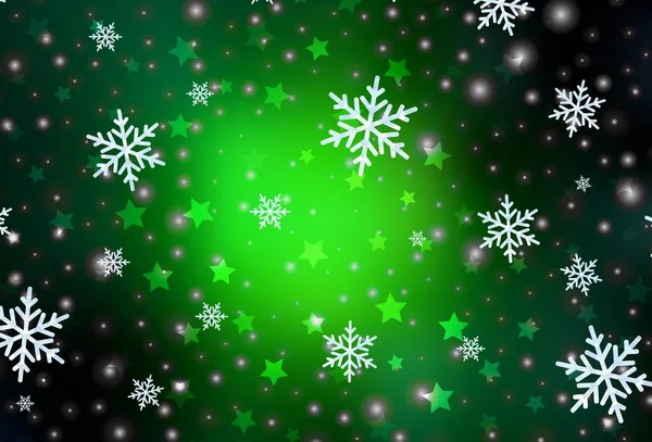 Fondo Vectorial Verde Oscuro Con Hermosos Copos Nieve Estrellas Ilustración — Vector de stock