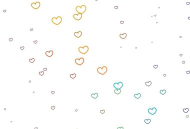 Tatlı kalpli hafif çokrenkli vektör arkaplanı. Kutlama tarzında kalpleri olan güzel renkli illüstrasyon. Karnaval için şablon, festival için romantik broşürler.