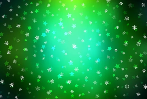 Textura Vectorial Verde Oscuro Con Copos Nieve Colores Estrellas Ilustración — Vector de stock