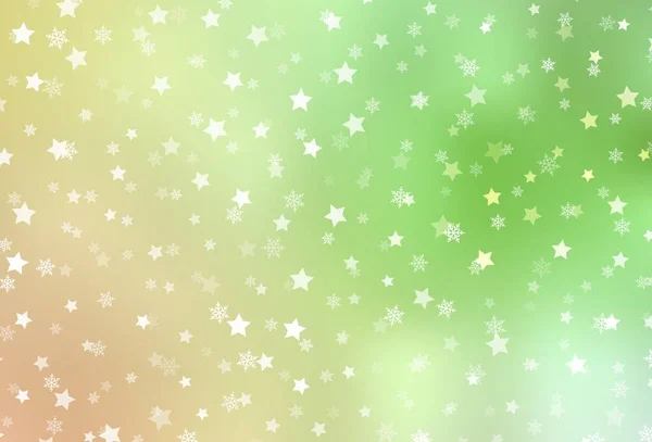ライトグリーン Xmas雪のフレーク 星とレッドベクトルの背景 グラデーションの雪の形でカラフルなイラストを輝く 新年ポスター バナーのデザイン — ストックベクタ