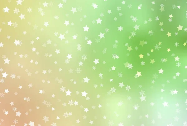 Verde Claro Fondo Vector Rojo Con Copos Nieve Navidad Estrellas — Archivo Imágenes Vectoriales