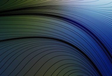 Koyu mavi, yeşil çizgili vektör arkaplan. Kavisli çizgilerden oluşan parlak bir illüstrasyon. Cep telefonu ekranları için arkaplan.