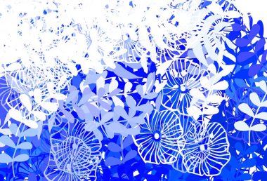 Hafif Mavili vektör arkaplanı yapraklı, çiçekli. Yaprakları karalama tarzında renkli ve soyut çizimler. Duvar kağıdı tasarımınız için yeni bir doku.