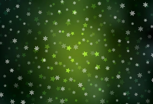 Fondo Vectorial Verde Oscuro Con Copos Nieve Navidad Estrellas Ilustración — Vector de stock